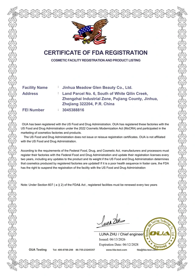 FDA Registration document for Jinhua Meadow Glen Beauty Co., Ltd.