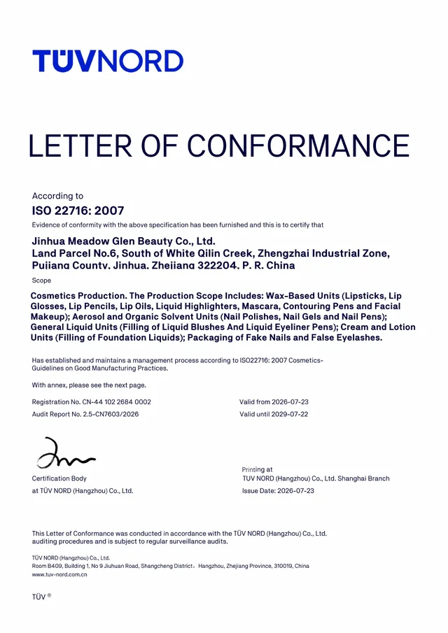 ISO 22716:2007 document for Jinhua Meadow Glen Beauty Co., Ltd.