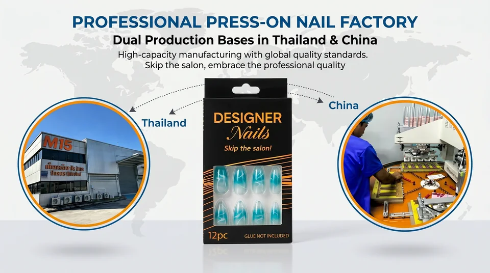 Press-on nail factory overview showing production bases in Thailand and China and retail nail packaging