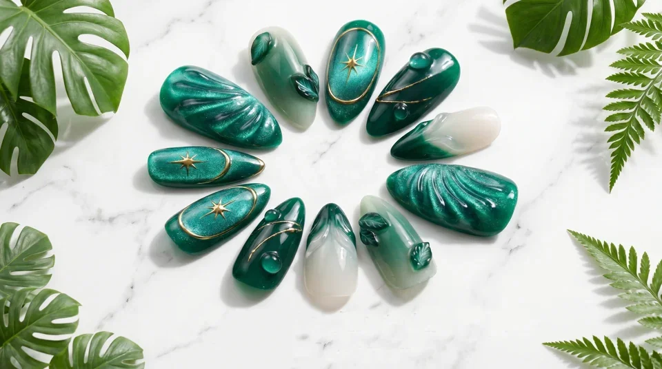 Emerald green press-on nails with sculpted leaves, shells and gold details