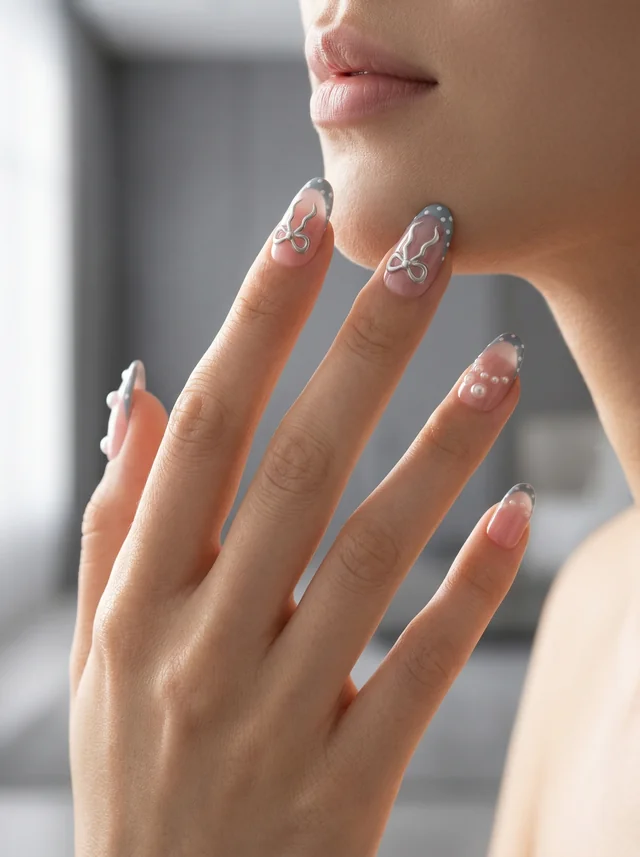 Pink and blue custom press-on nails worn on a hand