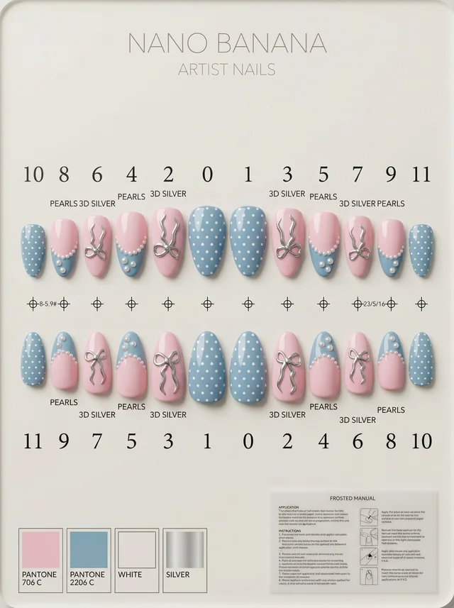 Pink and blue nail design layout with sizes and decoration references
